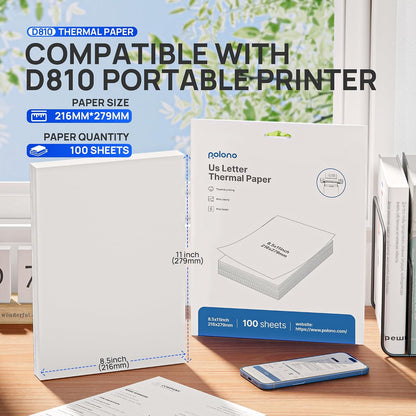 D810 Thermal Printer Paper 8.5 X 11 Inch, Advanced Thermal Printing, US Letter Size Thermal Paper Compatible with D810, Size 8.5" X 11", 1 Pack, 100 Sheets